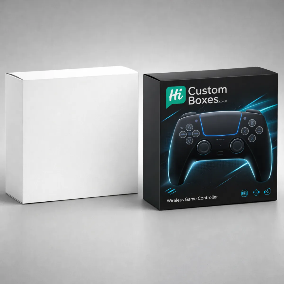 One blank white box beside a custom-printed black box showcasing a wireless controller with blue light.